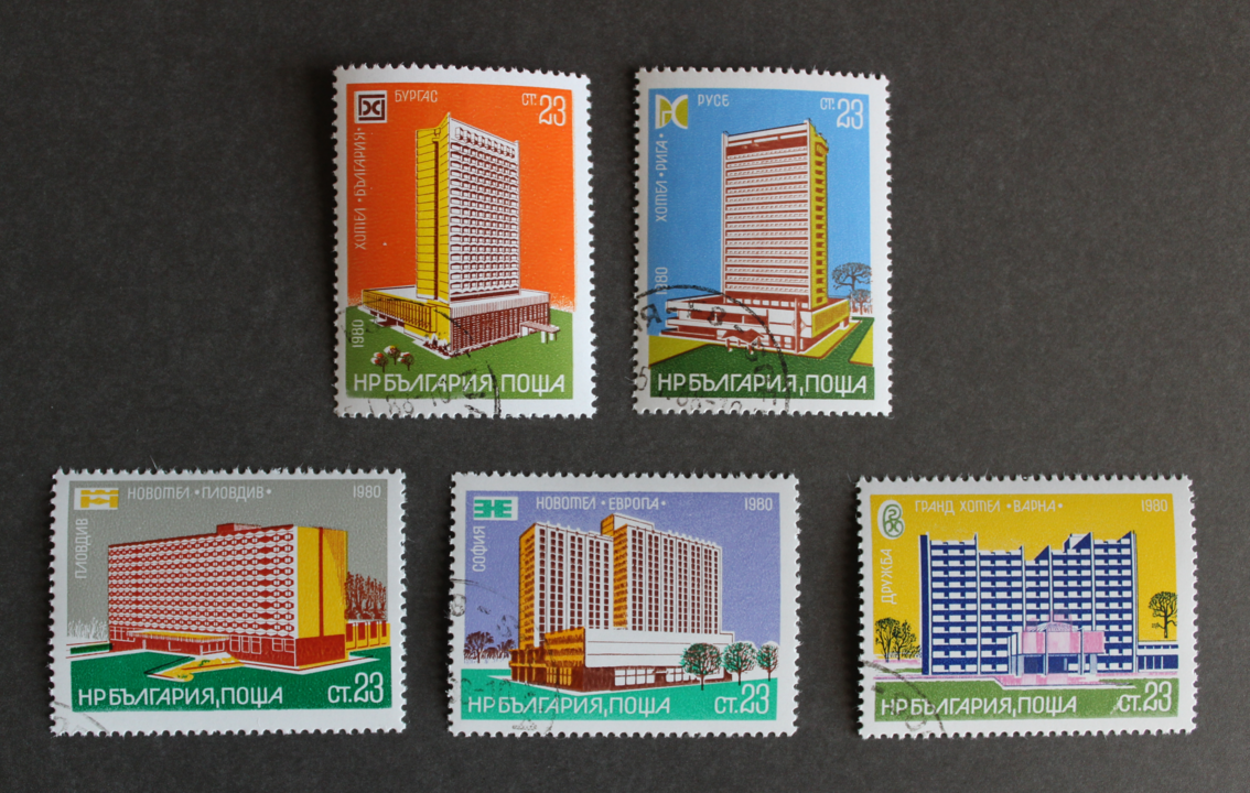 Hotels stamp series arranged in two rows