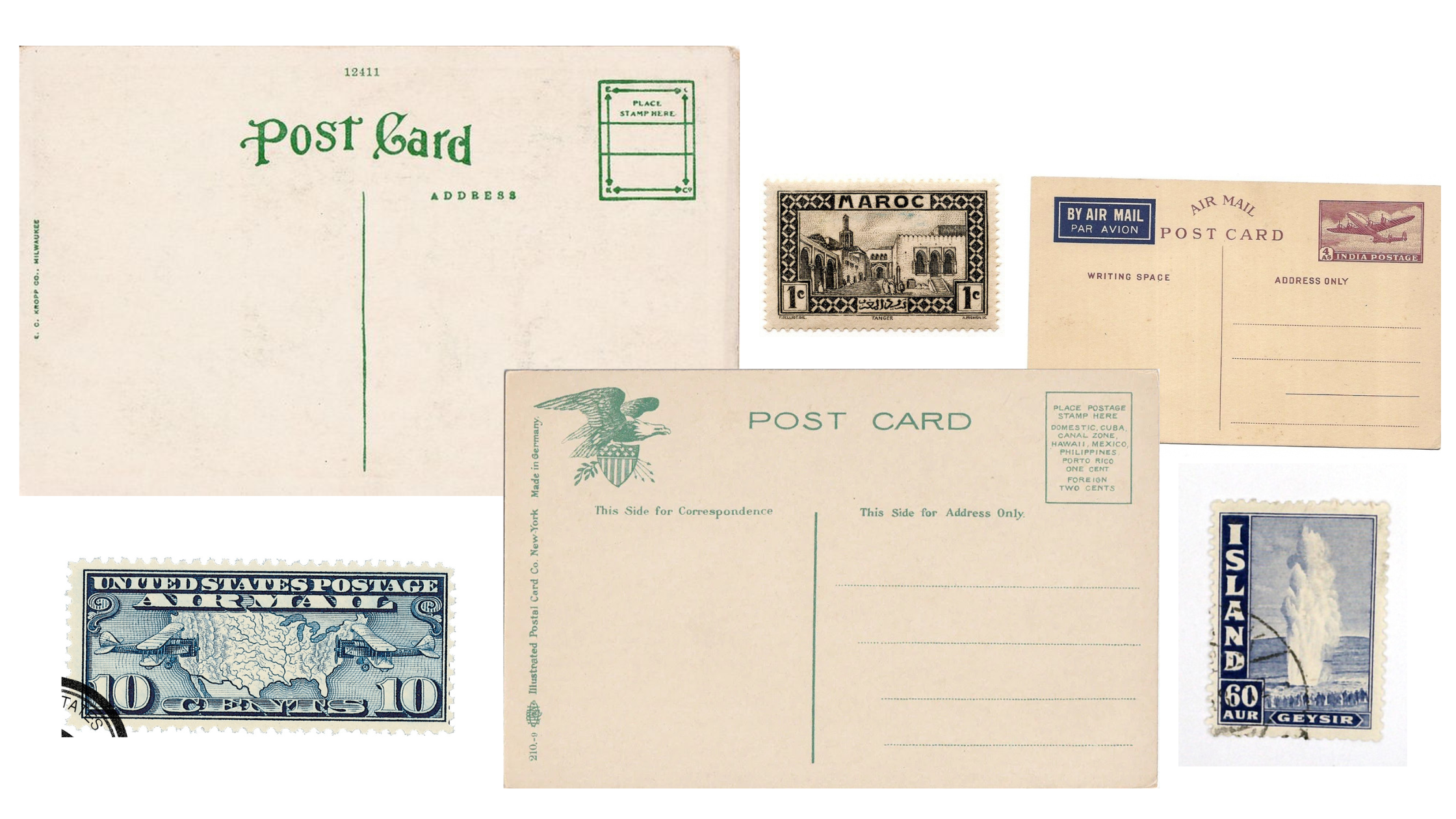 Collage of vintage postcard backs and stamps